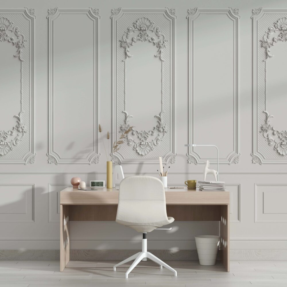 White Wall Molding Wallpaper : 3D Classic Panel Mural - View 2