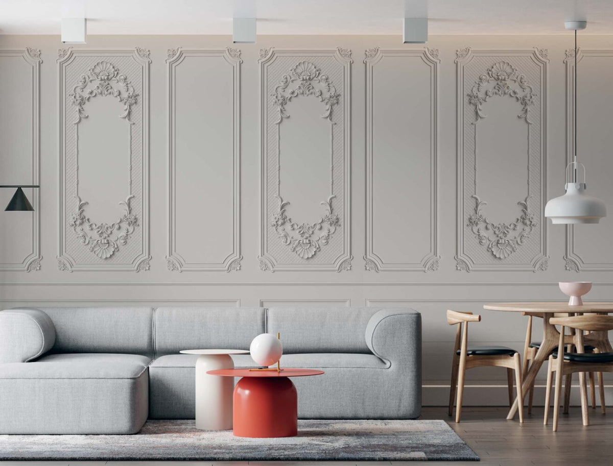 White Wall Molding Wallpaper : 3D Classic Panel Mural - View 3
