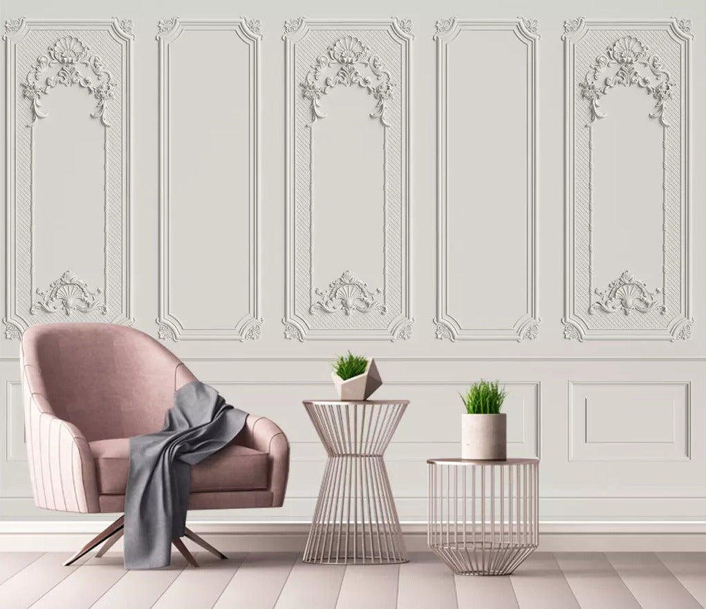 White Wall Molding Wallpaper : 3D Classic Panel Mural