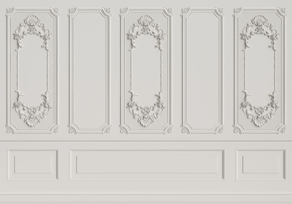 White Wall Molding Wallpaper : 3D Classic Panel Mural - flat design