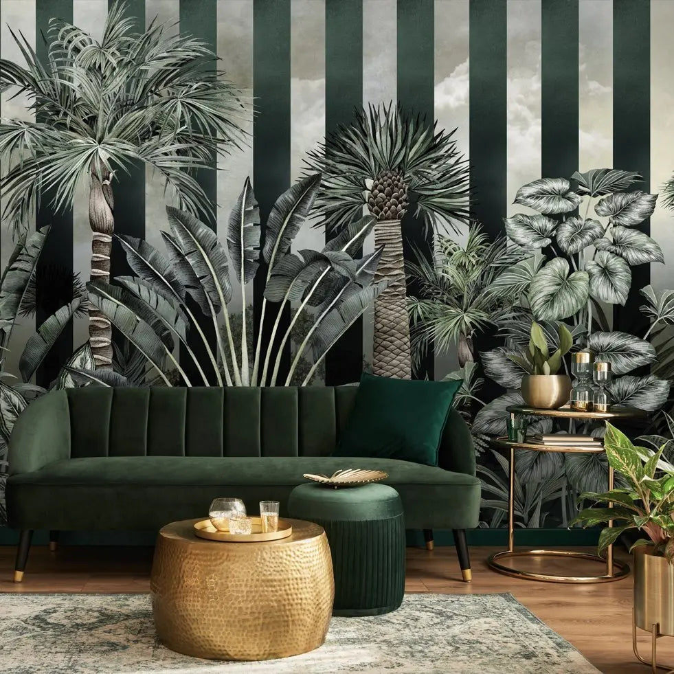 Striped Palm Jungle Wallpaper : Emerald Tropical Plants Mural