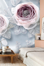 Soft Rose Wallpaper : 3D Mauve Roses on Blue Mural - View 4