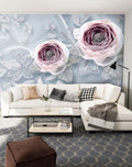 Soft Rose Wallpaper : 3D Mauve Roses on Blue Mural