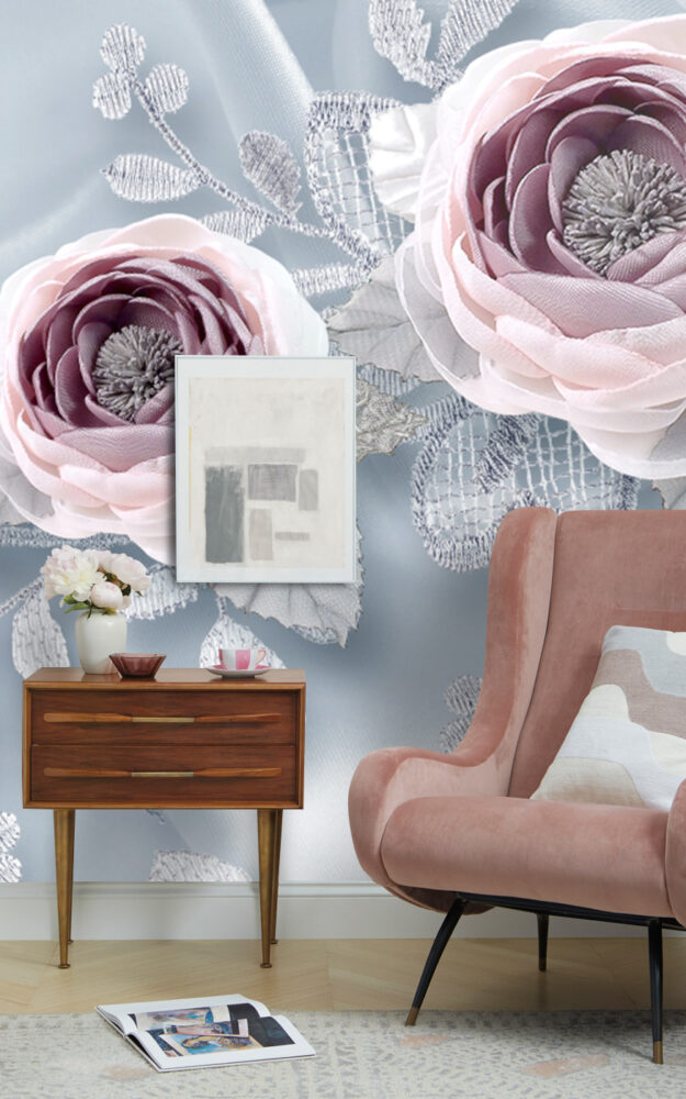 Soft Rose Wallpaper : 3D Mauve Roses on Blue Mural - View 3