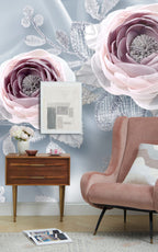 Soft Rose Wallpaper : 3D Mauve Roses on Blue Mural - View 3