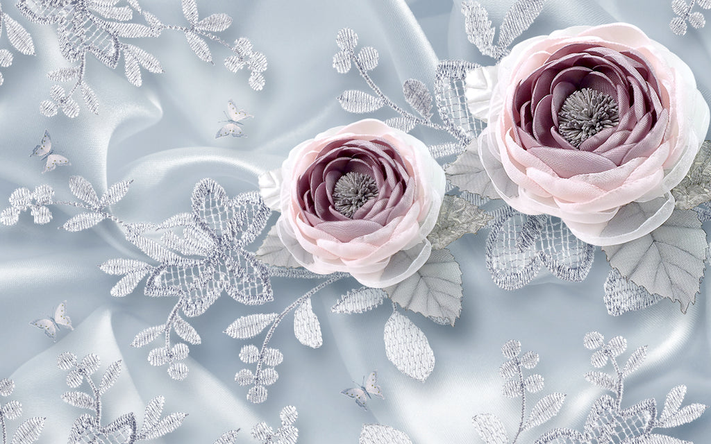Soft Rose Wallpaper : 3D Mauve Roses on Blue Mural - View 2
