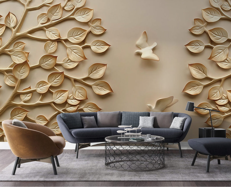 Beige 3D Leaf Bird Wallpaper : Sculpted Branch Mural