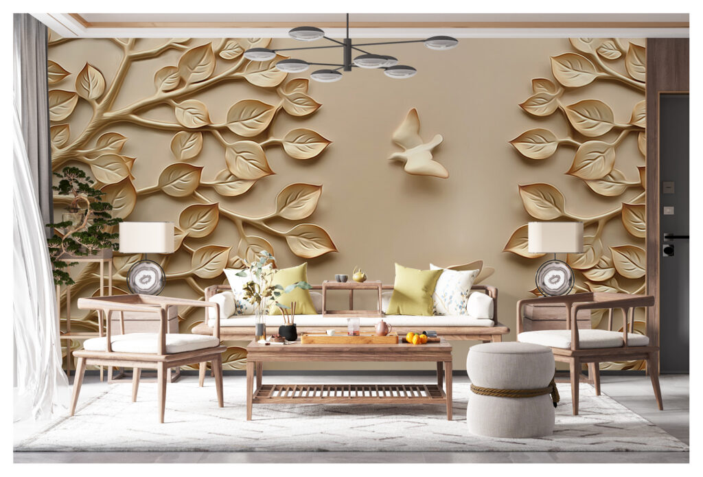 Beige 3D Leaf Bird Wallpaper : Sculpted Branch Mural - View 2