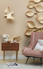 Beige 3D Leaf Bird Wallpaper : Sculpted Branch Mural - View 3