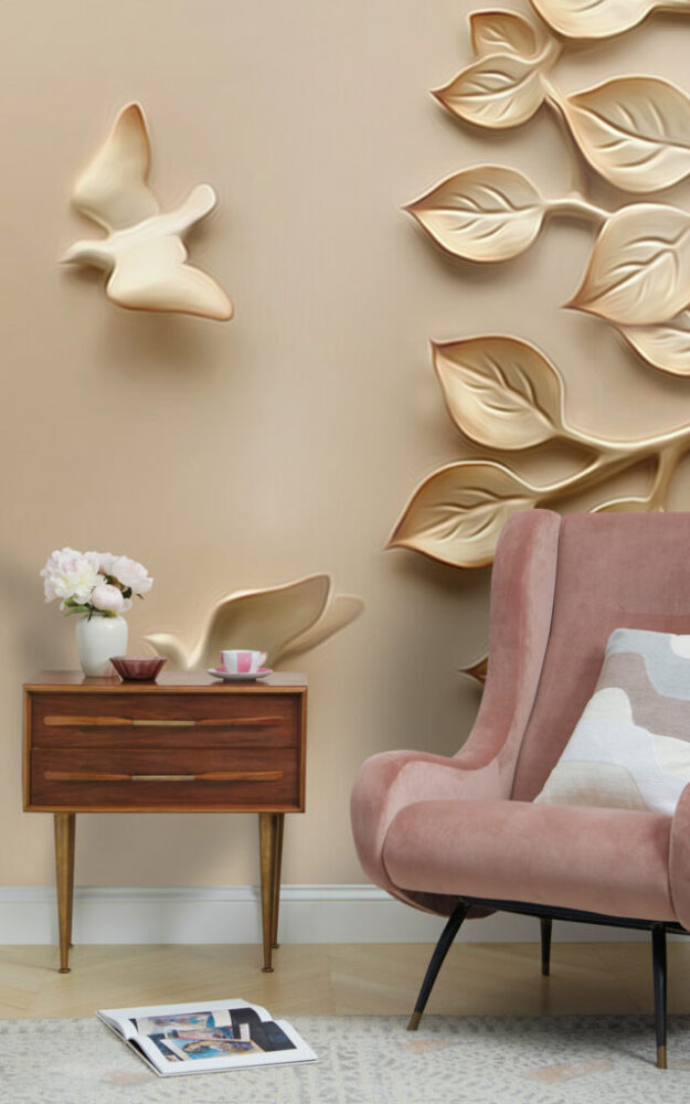 Beige 3D Leaf Bird Wallpaper : Sculpted Branch Mural - View 3