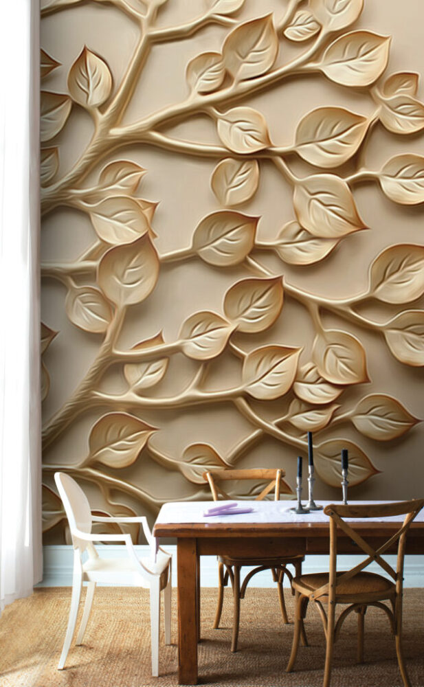 Beige 3D Leaf Bird Wallpaper : Sculpted Branch Mural - View 4