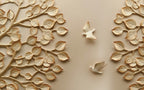 Beige 3D Leaf Bird Wallpaper : Sculpted Branch Mural - flat design