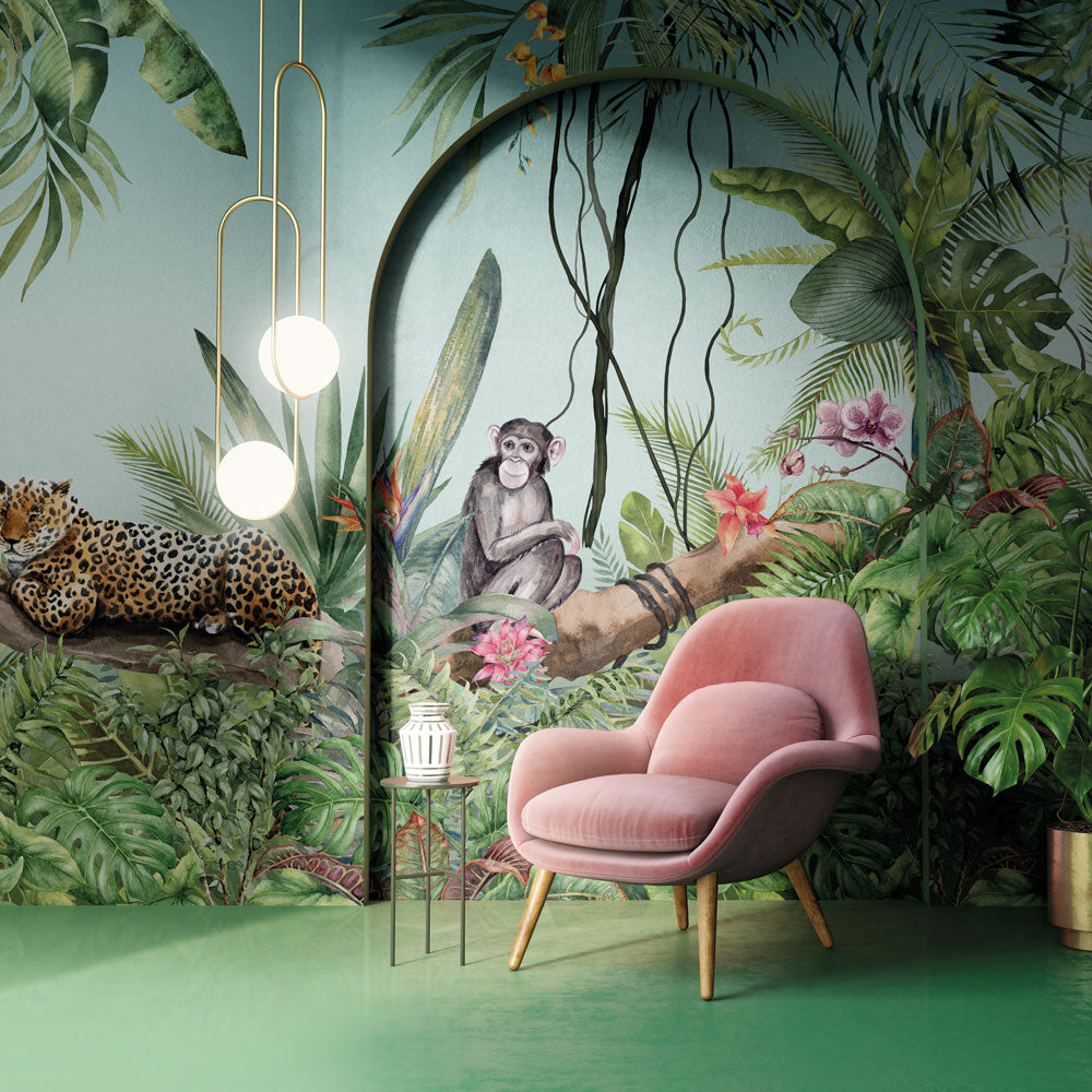 Monkey Leopard Jungle Wallpaper : Mint Tropical Safari Mural