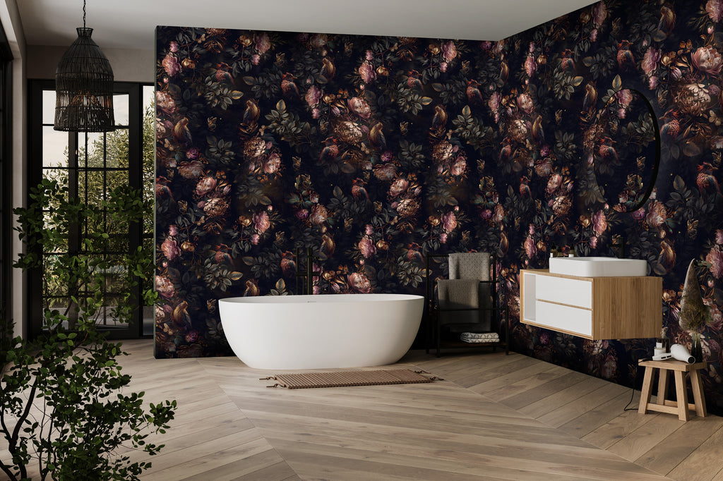 Dark Floral Birds Wallpaper : Moody Peony Pattern - View 4