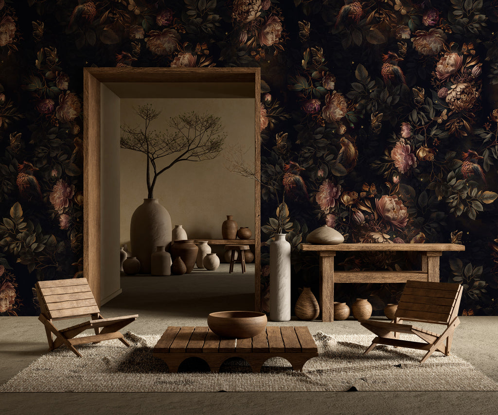 Dark Floral Birds Wallpaper : Moody Peony Pattern