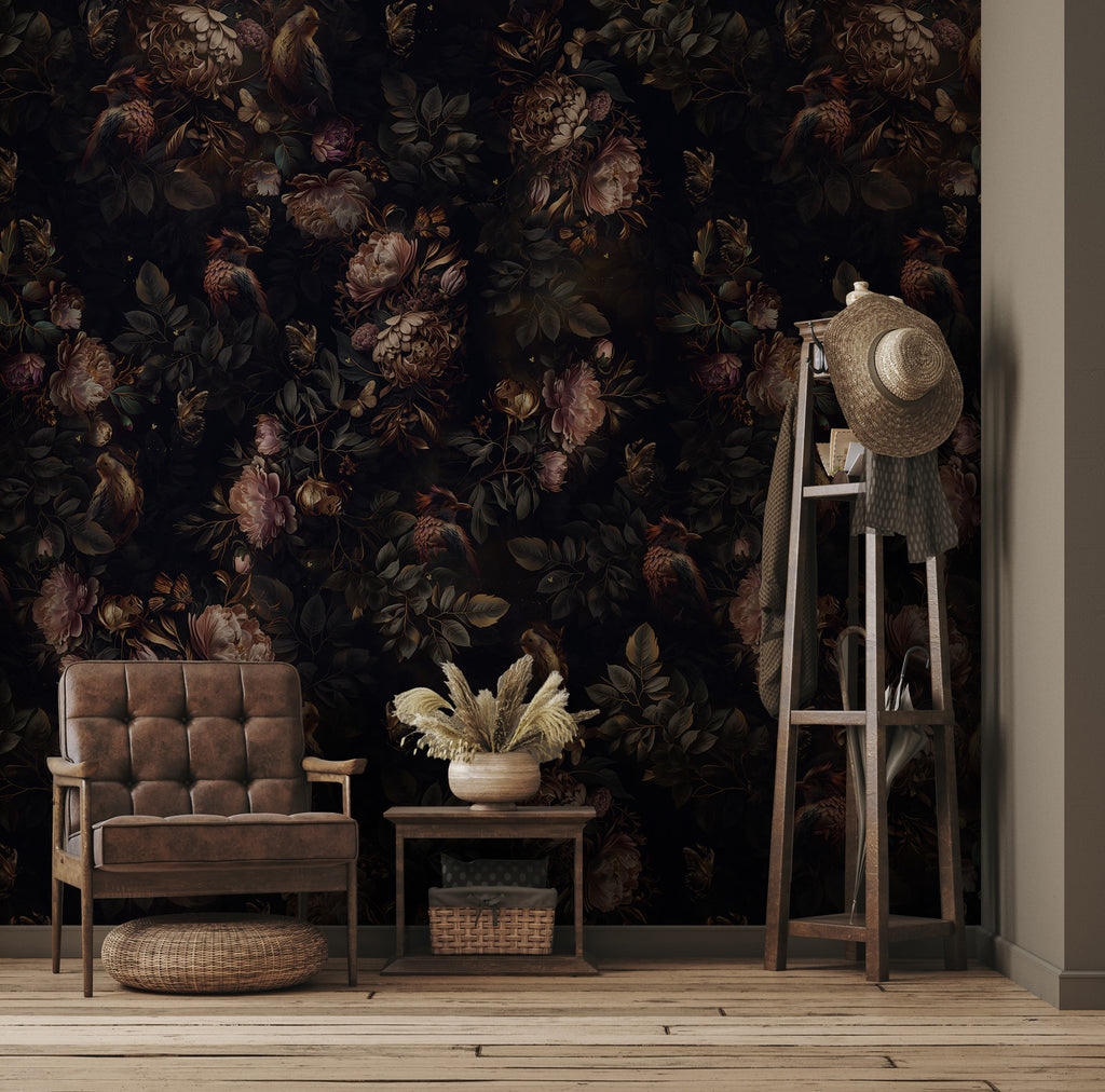 Dark Floral Birds Wallpaper : Moody Peony Pattern - View 2
