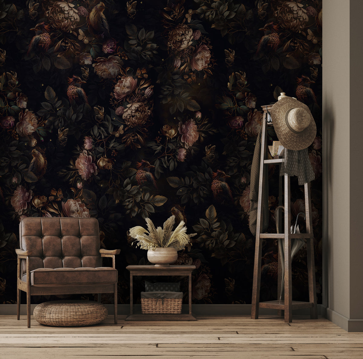 Dark Floral Birds Wallpaper : Moody Peony Pattern - View 2