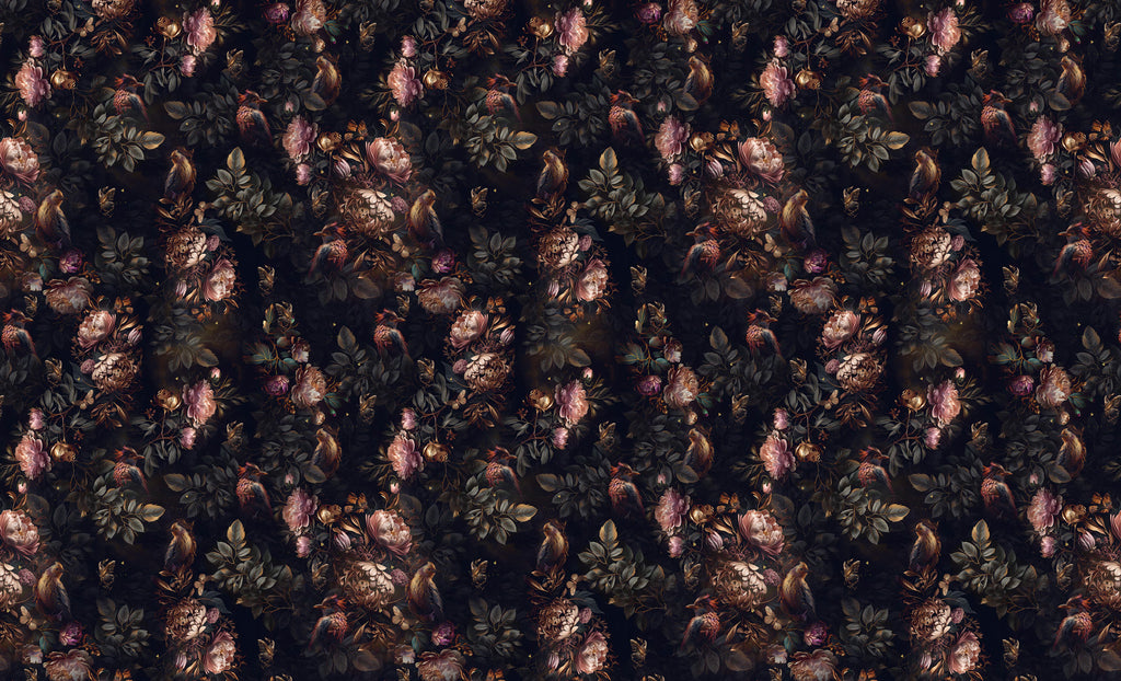 Dark Floral Birds Wallpaper : Moody Peony Pattern - flat design