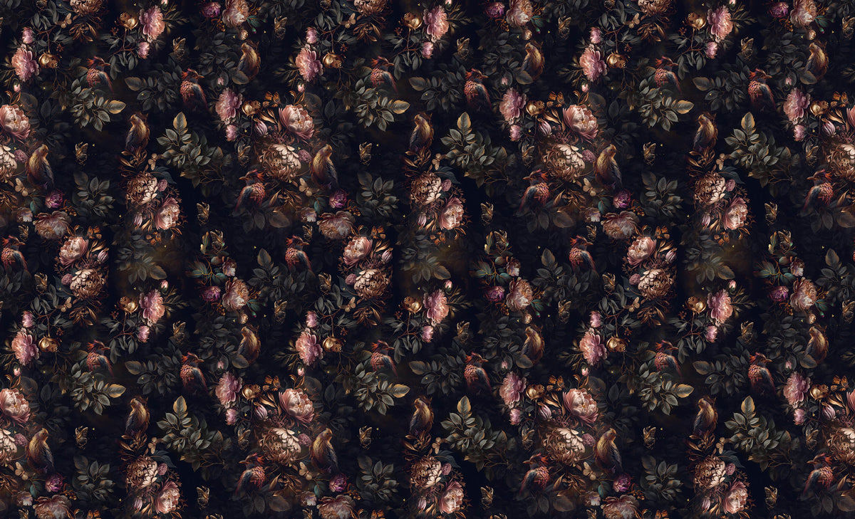 Dark Floral Birds Wallpaper : Moody Peony Pattern - flat design