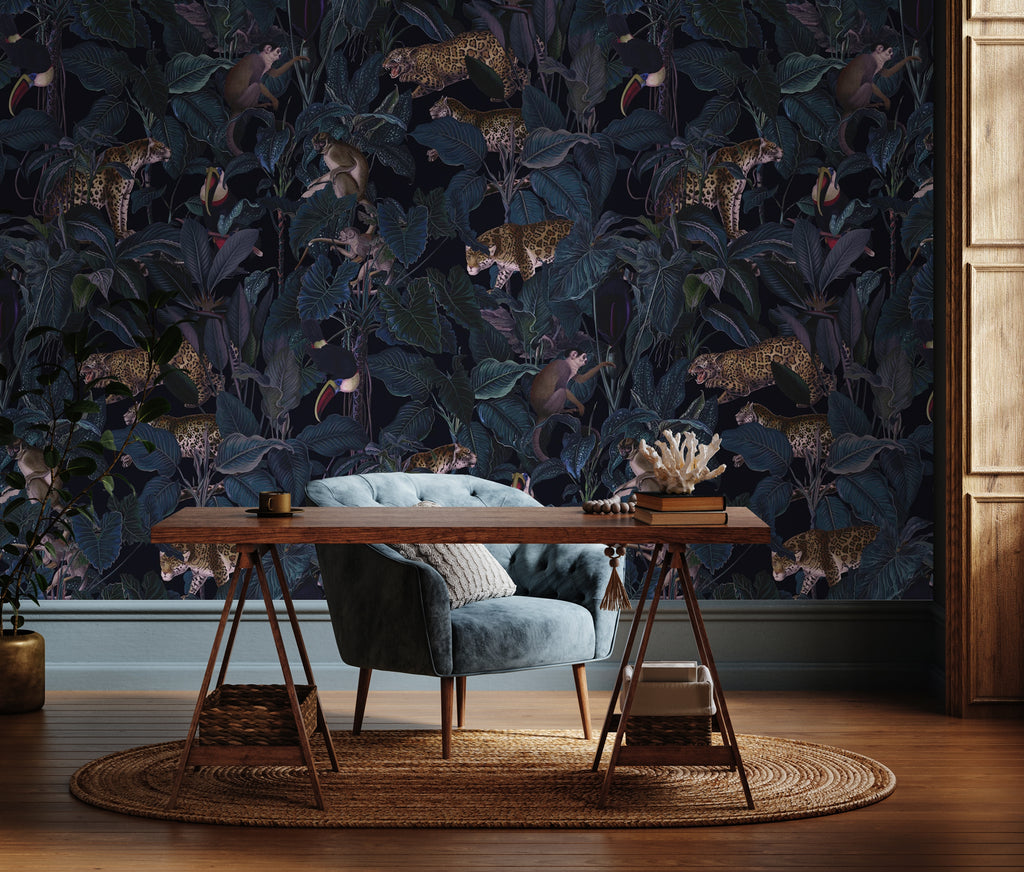 Dark Jungle Leopard Wallpaper : Navy Tropical Leaves Pattern - View 2