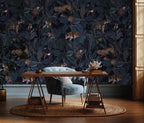 Dark Jungle Leopard Wallpaper : Navy Tropical Leaves Pattern - View 2