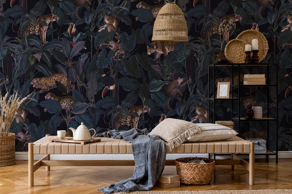 Dark Jungle Leopard Wallpaper : Navy Tropical Leaves Pattern