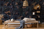 Dark Jungle Leopard Wallpaper : Navy Tropical Leaves Pattern