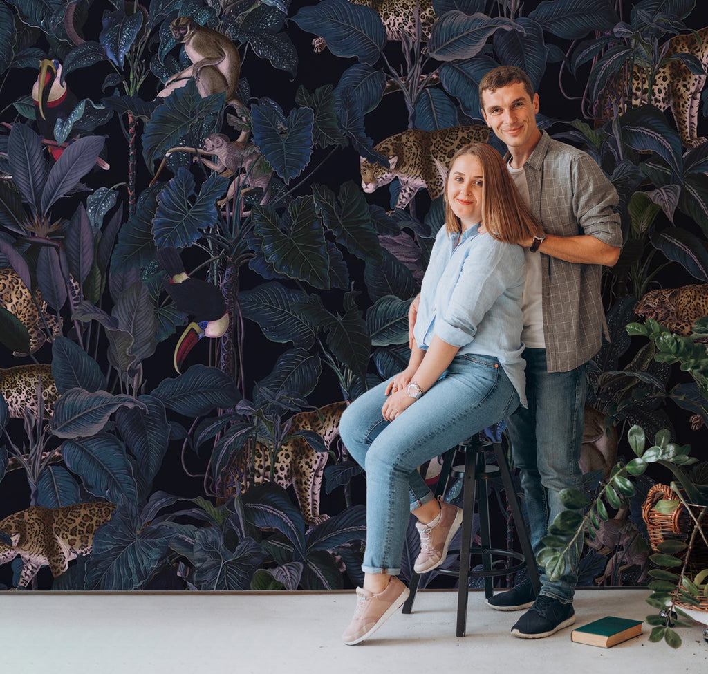 Dark Jungle Leopard Wallpaper : Navy Tropical Leaves Pattern - View 4