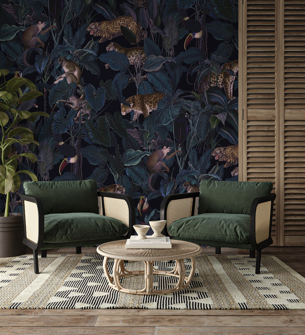 Dark Jungle Leopard Wallpaper : Navy Tropical Leaves Pattern - View 5