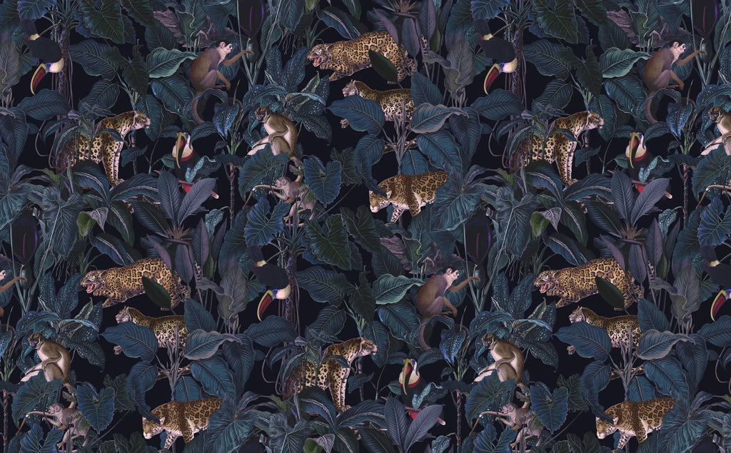 Dark Jungle Leopard Wallpaper : Navy Tropical Leaves Pattern - flat design