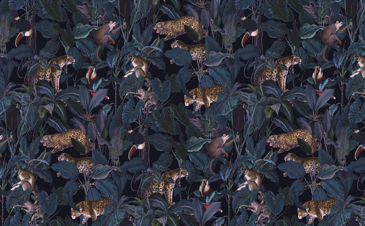 Dark Jungle Leopard Wallpaper : Navy Tropical Leaves Pattern - flat design