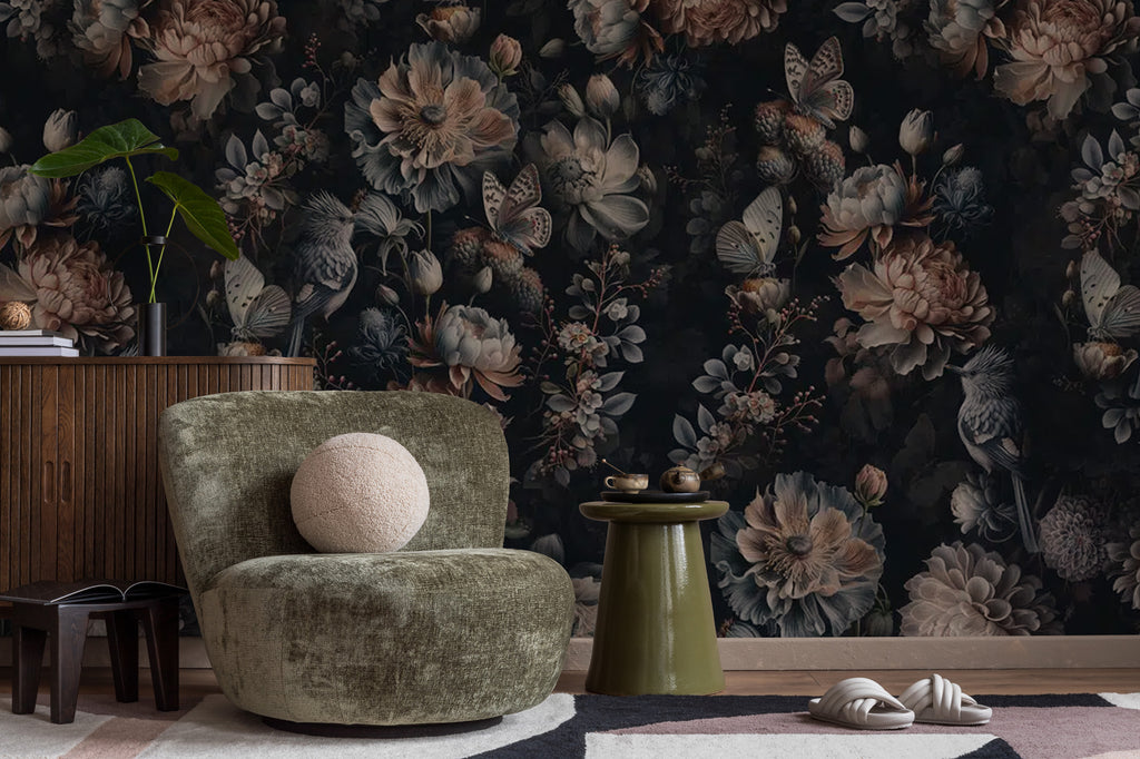Dark Peony Butterfly Wallpaper : Moody Floral Pattern - View 2