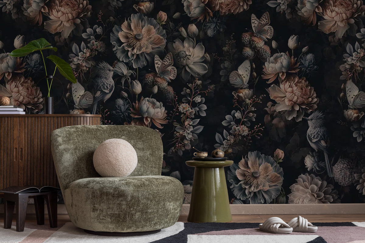 Dark Peony Butterfly Wallpaper : Moody Floral Pattern - View 2