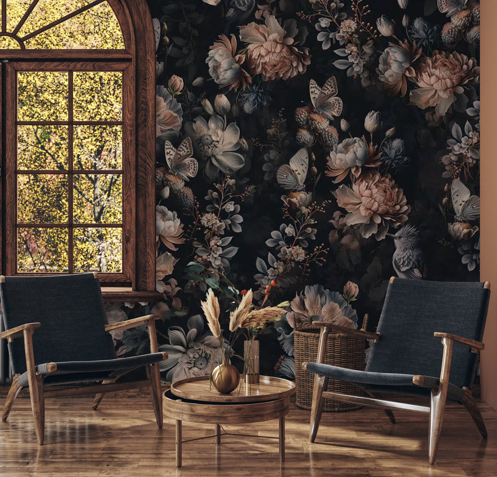 Dark Peony Butterfly Wallpaper : Moody Floral Pattern