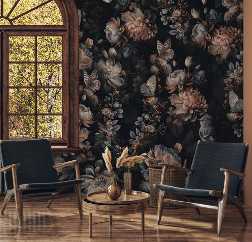 Dark Peony Butterfly Wallpaper : Moody Floral Pattern