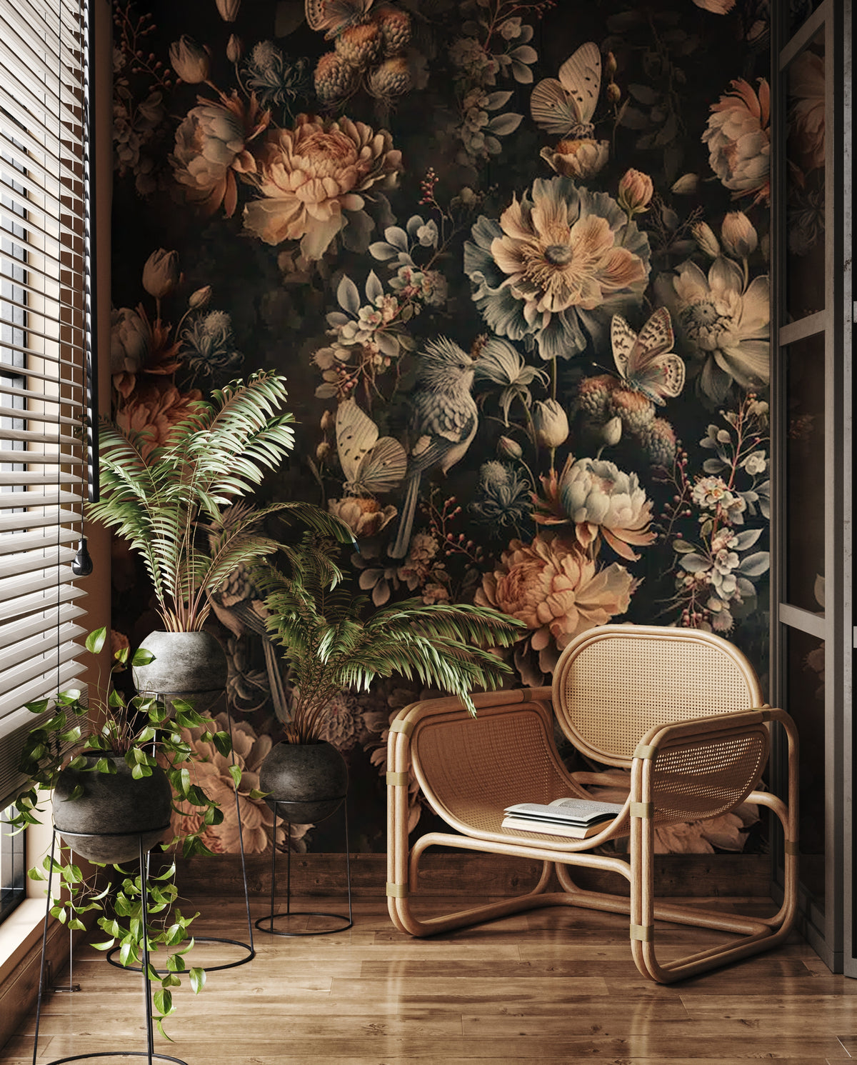 Dark Peony Butterfly Wallpaper : Moody Floral Pattern - View 3