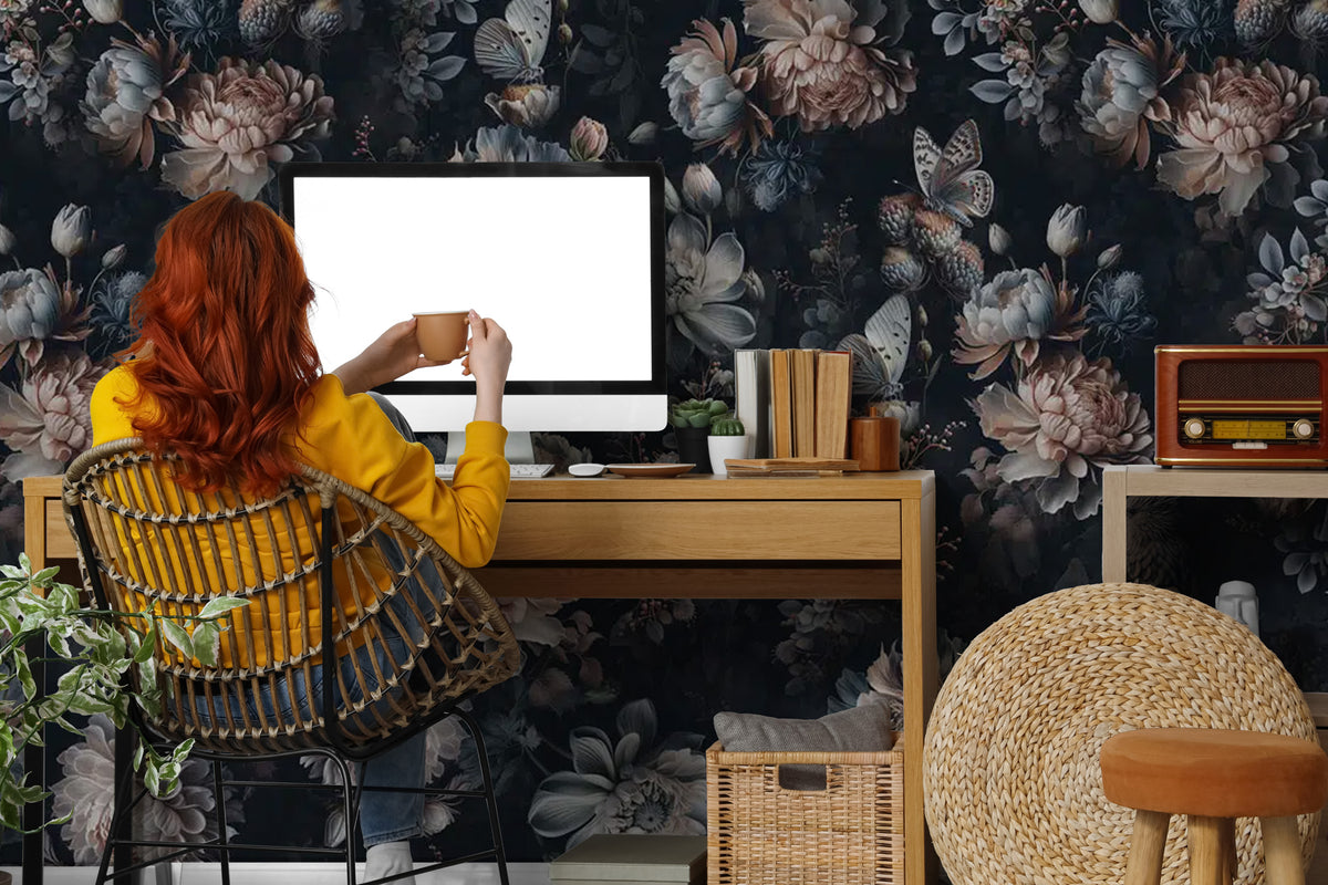 Dark Peony Butterfly Wallpaper : Moody Floral Pattern - View 4