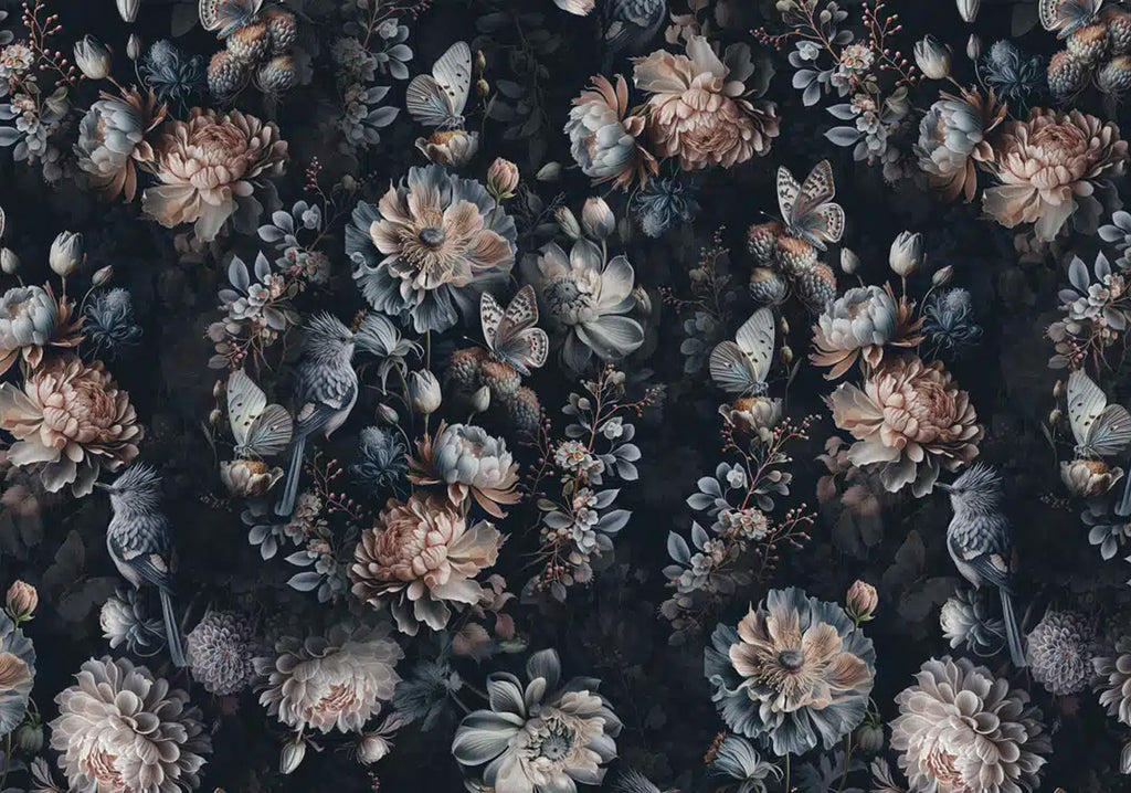 Dark Peony Butterfly Wallpaper : Moody Floral Pattern - flat design