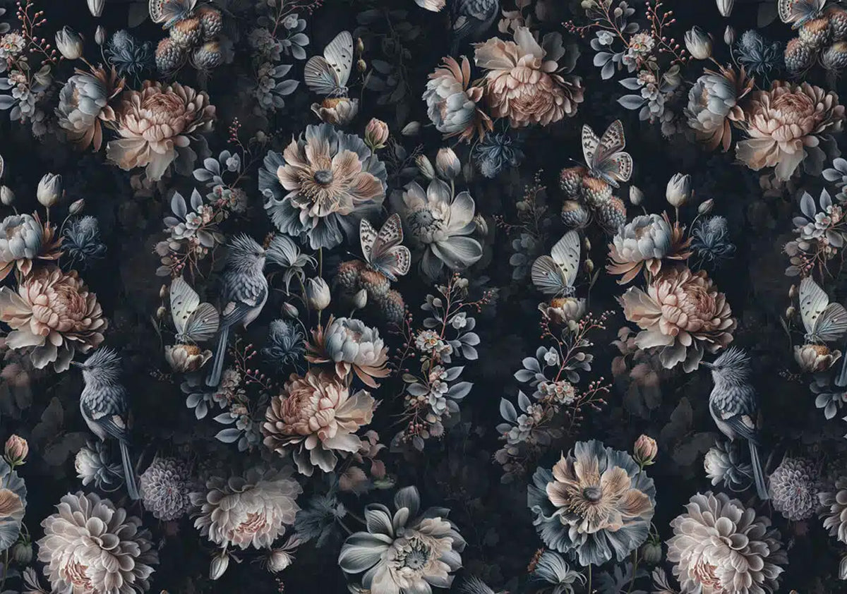 Dark Peony Butterfly Wallpaper : Moody Floral Pattern - flat design