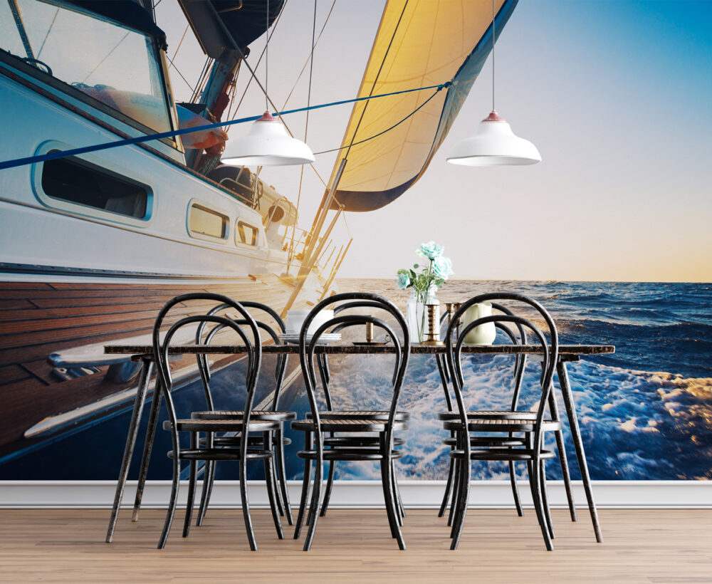 Sailboat Ocean Wallpaper : Sunlit Sailing Yacht Mural - View 4