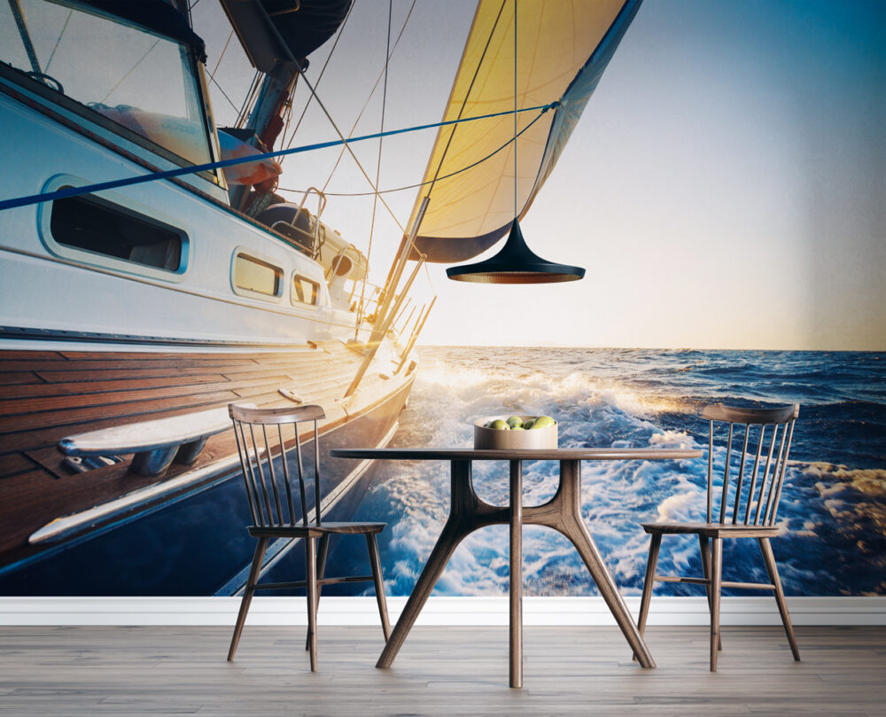 Sailboat Ocean Wallpaper : Sunlit Sailing Yacht Mural - View 3