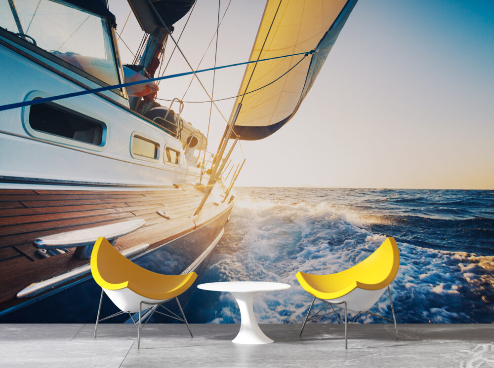 Sailboat Ocean Wallpaper : Sunlit Sailing Yacht Mural