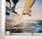 Sailboat Ocean Wallpaper : Sunlit Sailing Yacht Mural - View 2