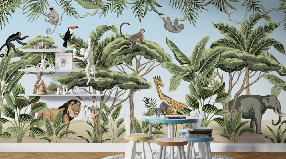 Safari Animals Wallpaper : Kids Giraffe Jungle Mural - View 3