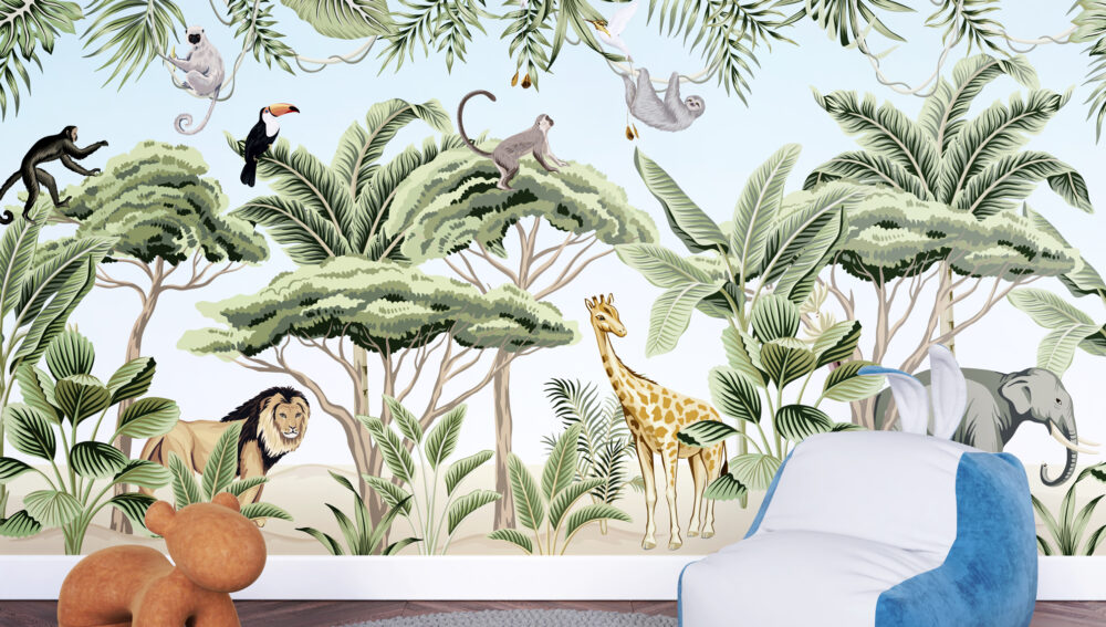 Safari Animals Wallpaper : Kids Giraffe Jungle Mural - View 4