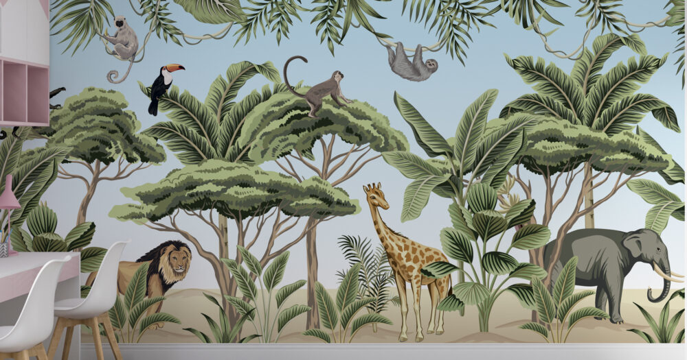 Safari Animals Wallpaper : Kids Giraffe Jungle Mural - View 2