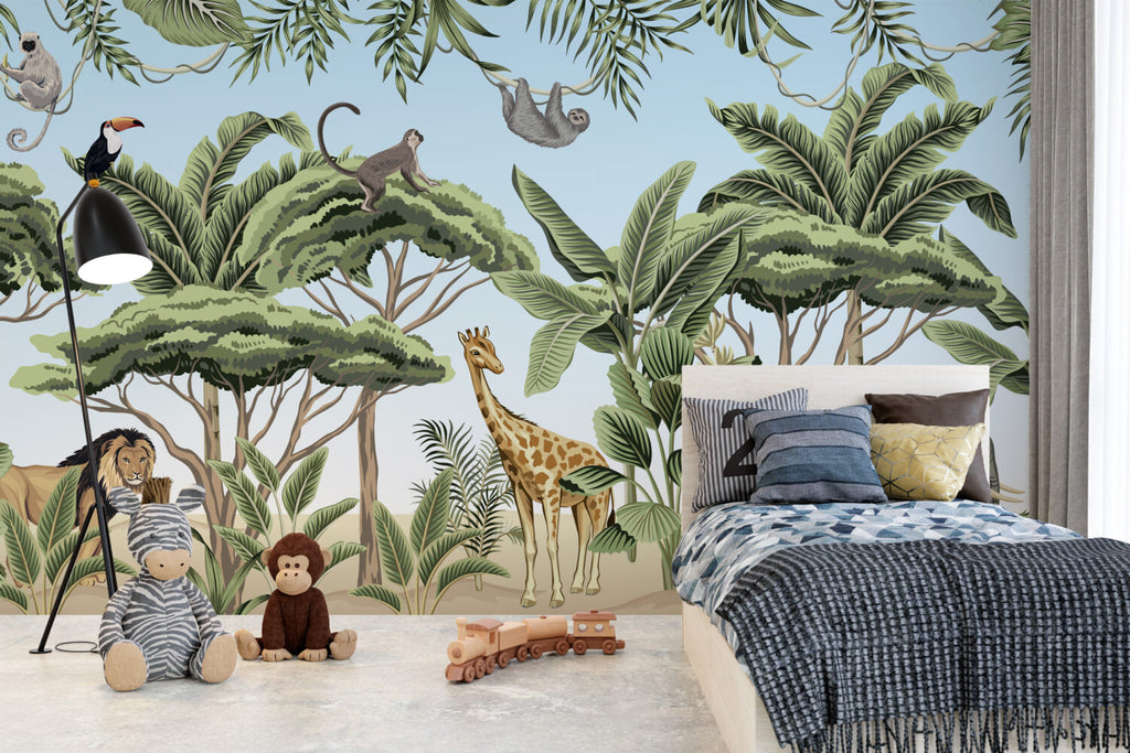 Safari Animals Wallpaper : Kids Giraffe Jungle Mural
