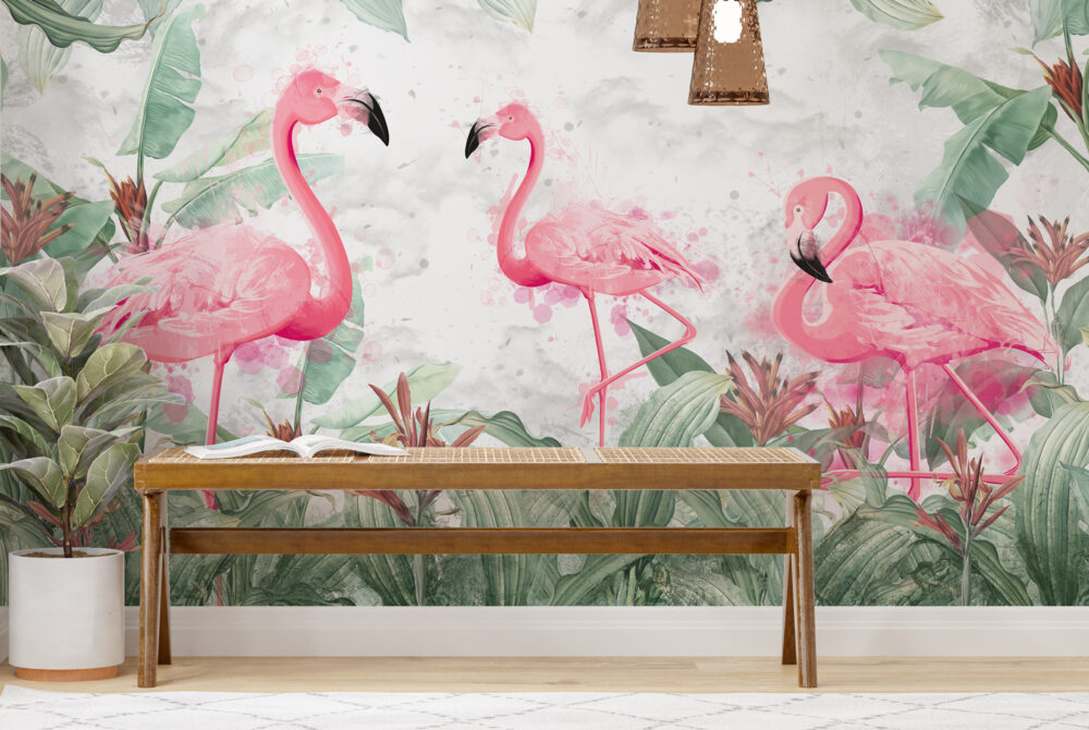 Pink Flamingo Wallpaper : Watercolor Tropical Mural