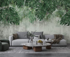 Hanging Monstera Wallpaper : Green Leaves on Distressed Plaster Mural