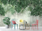 Hanging Monstera Wallpaper : Green Leaves on Distressed Plaster Mural - View 3